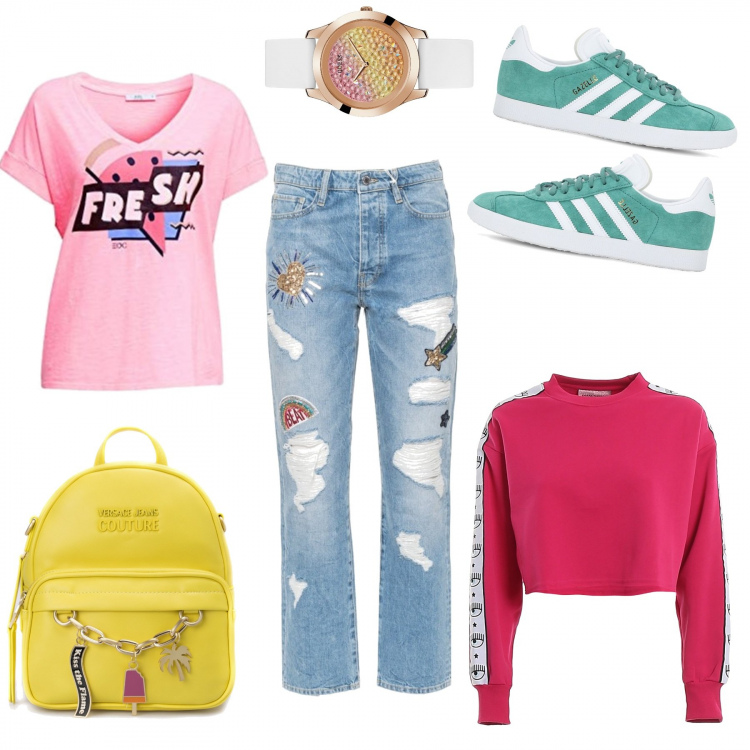 Outfit donna - Arcobaleno. Stile Trendy per Tutti i giorni. Abbinamento con orologi, jeans, t-shirt, sneakers, zaini, felpe.