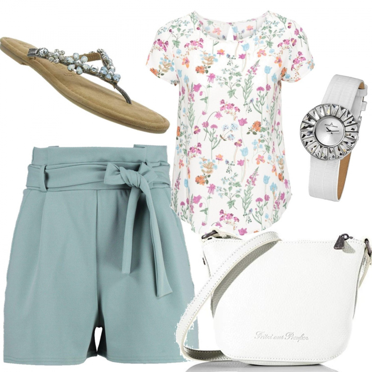 Outfit donna - Camicetta a fiori. Stile Chic per Tutti i giorni. Abbinamento con bluse, pantaloni corti, borse a tracolla, ciabatte, orologi.