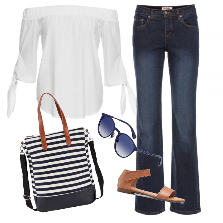 Outfit donna - Comfort zone. Stile Basic per Tutti i giorni. Abbinamento con jeans dritti, bluse, sandali, shopping bag, occhiali da sole.
