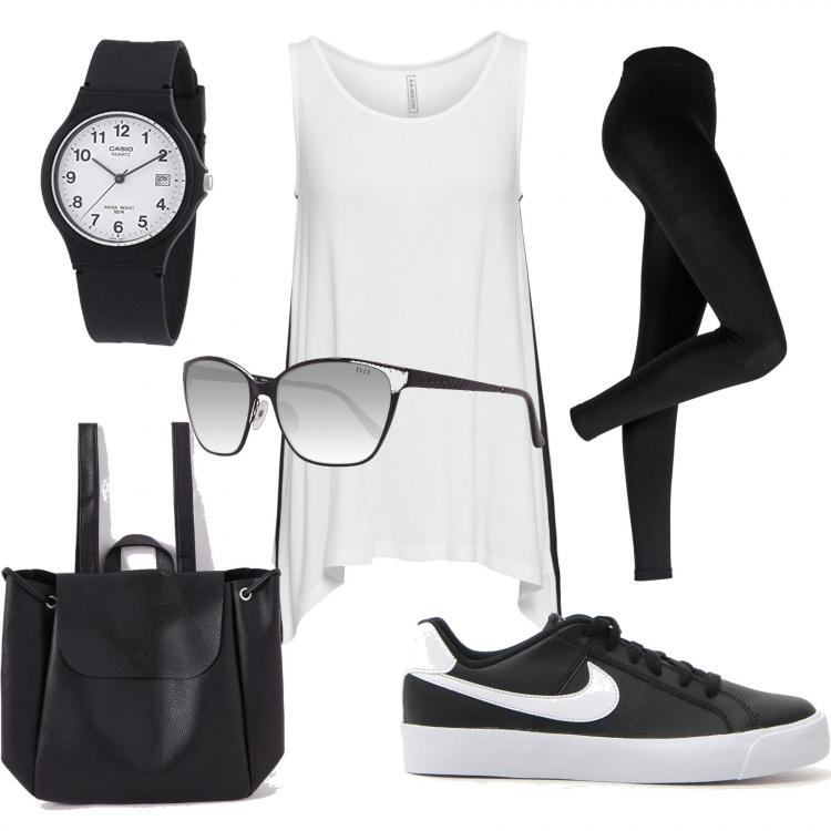 Outfit donna - Trendy #43155. Stile Trendy per Sport. Abbinamento con leggings, top, zaini, sneakers, occhiali da sole, orologi.