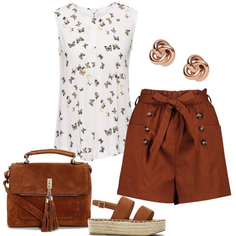 Outfit donna - Terra bruciata e farfalline. Stile Basic per Tutti i giorni. Abbinamento con top, sandali, shorts, borse a spalla, orecchini.