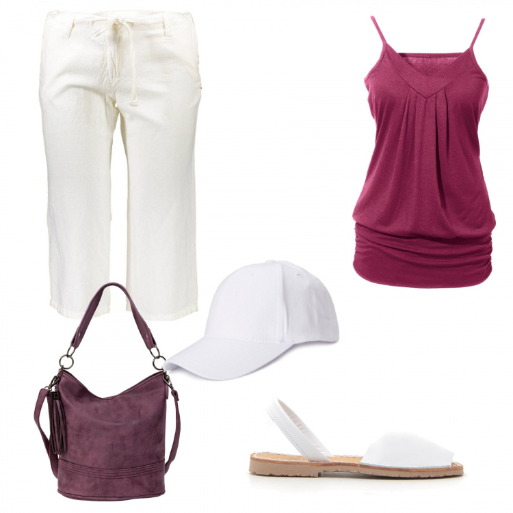 Outfit donna - A spasso sotto il sole. Stile Trendy per Tutti i giorni. Abbinamento con top, borse a spalla, pantaloni, sandali, berretti.