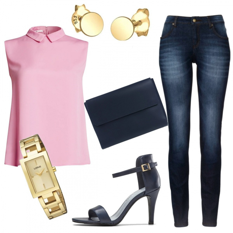 Outfit donna - Chic #23509. Stile Chic per Serata fuori. Abbinamento con jeans skinny, sandali col tacco, borse a mano, camicie, orecchini, orologi.