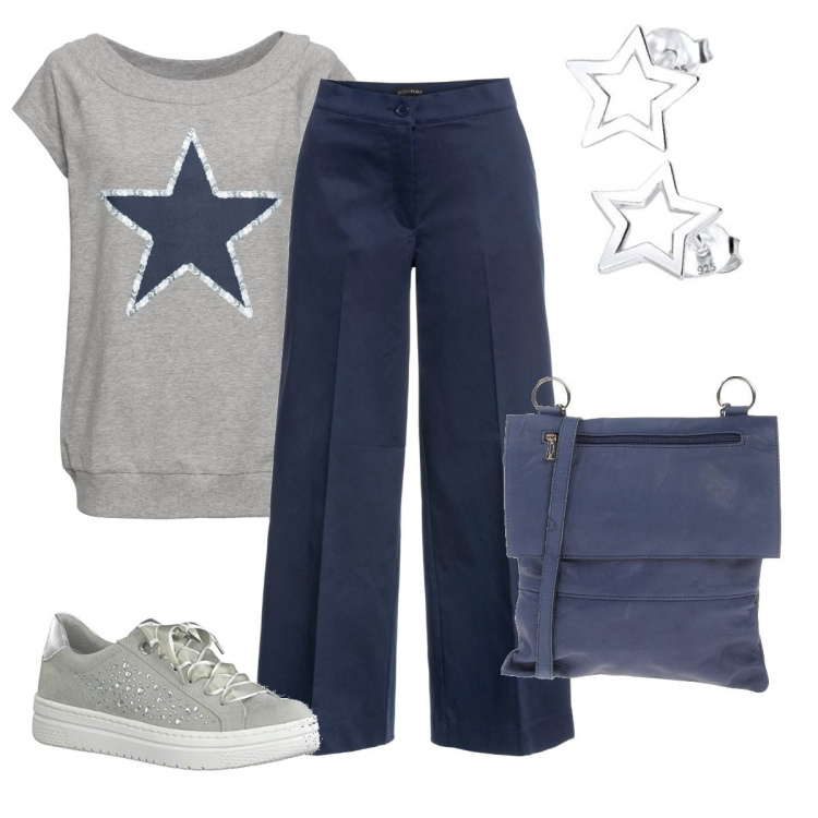 Outfit donna - Comodità 3 stelle. Stile Basic per Tutti i giorni. Abbinamento con t-shirt, pantaloni culotte, borse messenger, sneakers, orecchini.