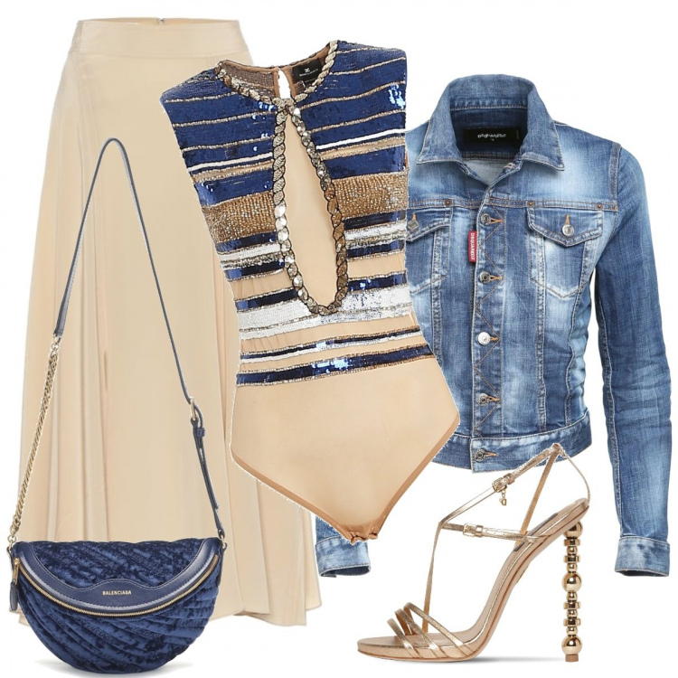 Outfit donna - Aperitivo bordo piscina anni \'70. Stile Trendy per Serata fuori. Abbinamento con body, blazer, sandali in pelle, gonne longuette, marsupio.