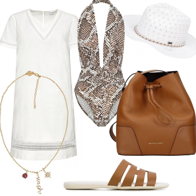 Outfit donna - Chic in riviera. Stile Trendy per Mare. Abbinamento con vestiti, collane, cappelli, borsa a tracolla, sandali, costumi interi.