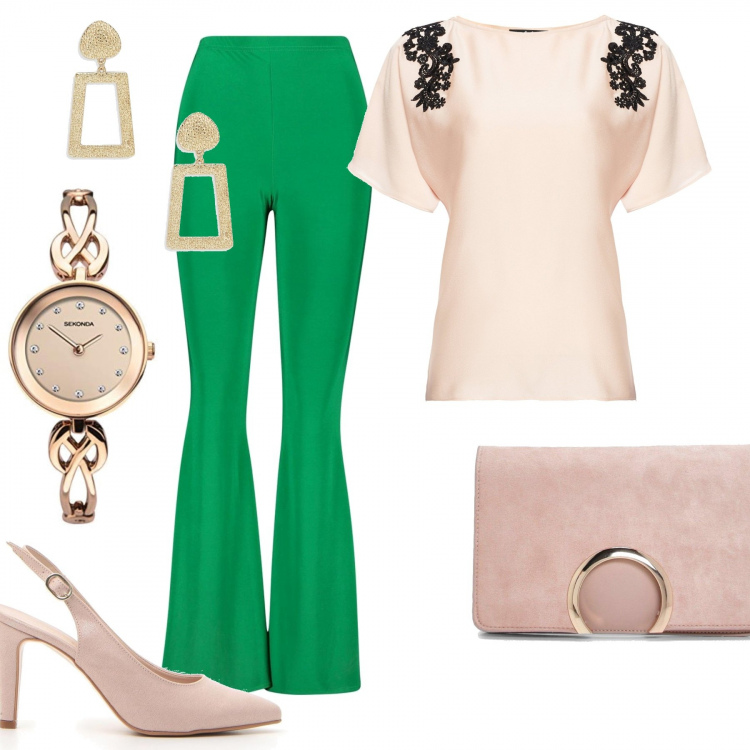 Outfit donna - Osiamo con i colori. Stile Trendy per Serata fuori. Abbinamento con pantaloni skinny, clutch, orecchini, camicie, orologi analogici, décolleté.