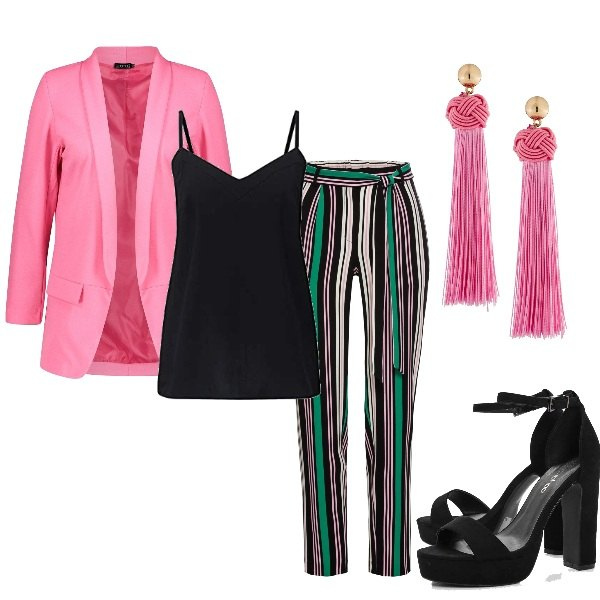 Outfit femme - En vert et rose fuschia. Style Sexy pour Soirée dehors. Assortir avec pantalon , boucles d'oreilles, blazers, chaussures à talon, blouse.