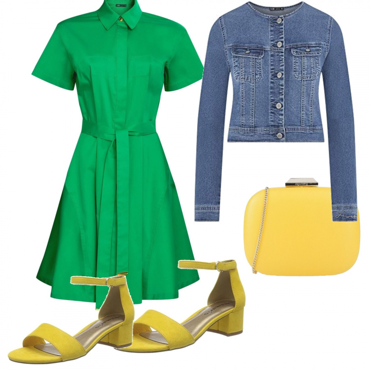 Outfit donna - Verde prato. Stile Trendy per Serata fuori. Abbinamento con borse a mano, vestiti chemisier, sandali, giacche.