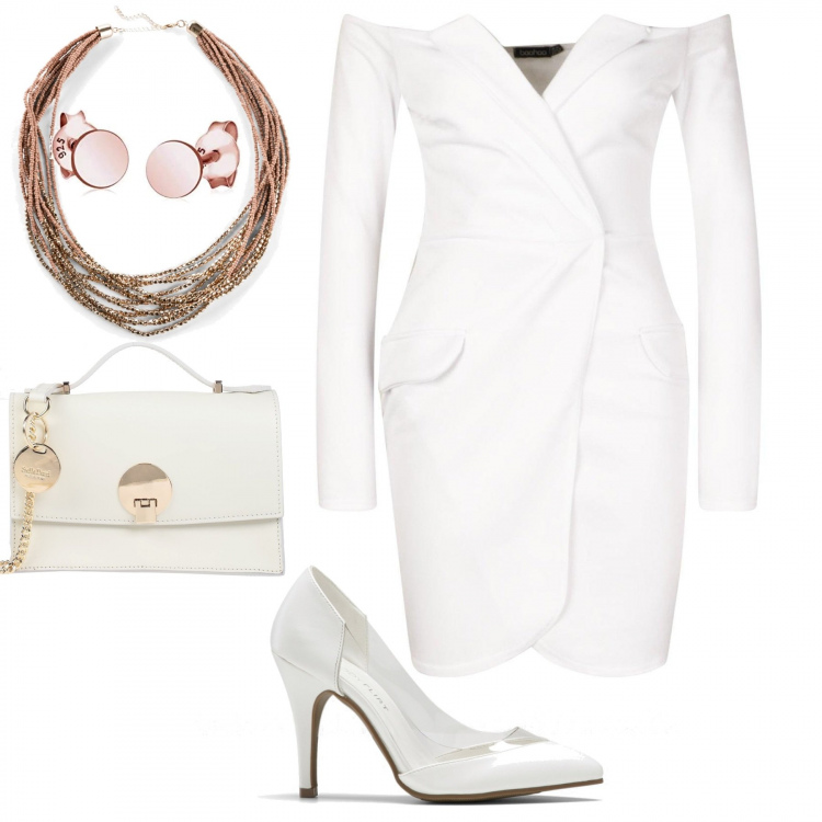Outfit donna - Total White. Stile Sexy per Serata fuori. look ideale per Tall. Abbinamento con décolleté, collane, borse a mano, blazer, orecchini.