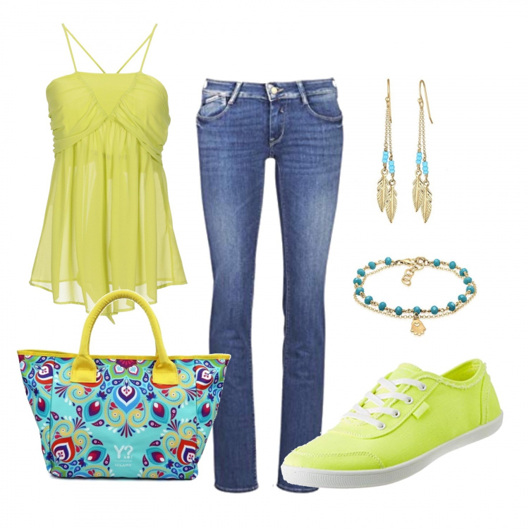 Outfit mujer - Colores de verano. Estilo Basic para Todos los días. Combinación con sneakers, pendientes, vaqueros rectos, pulseras, bolso shopper, top.