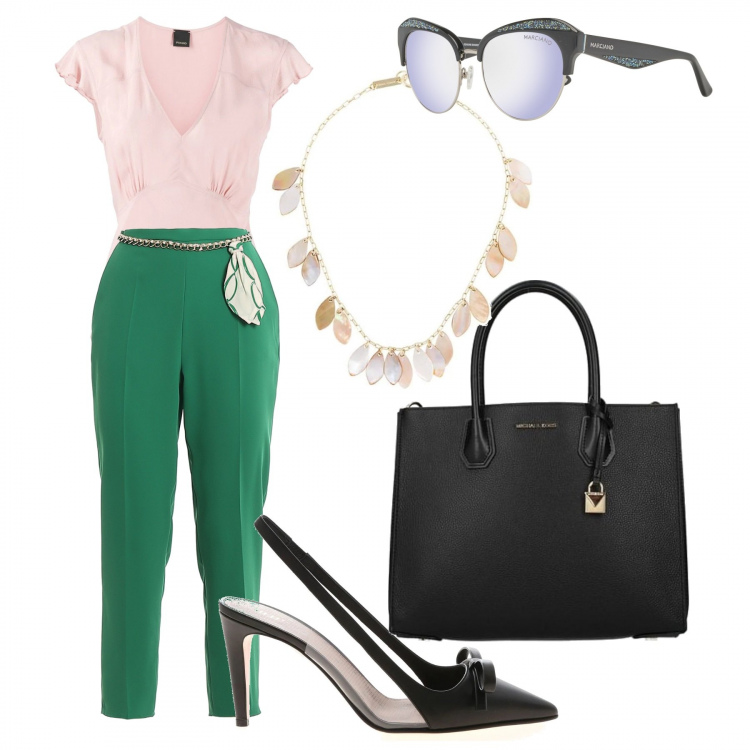 Outfit donna - Pantalone verde. Stile Bon Ton per Tutti i giorni. Abbinamento con borsa a mano, bluse, collane, scarpe col tacco, pantaloni, occhiali da sole.