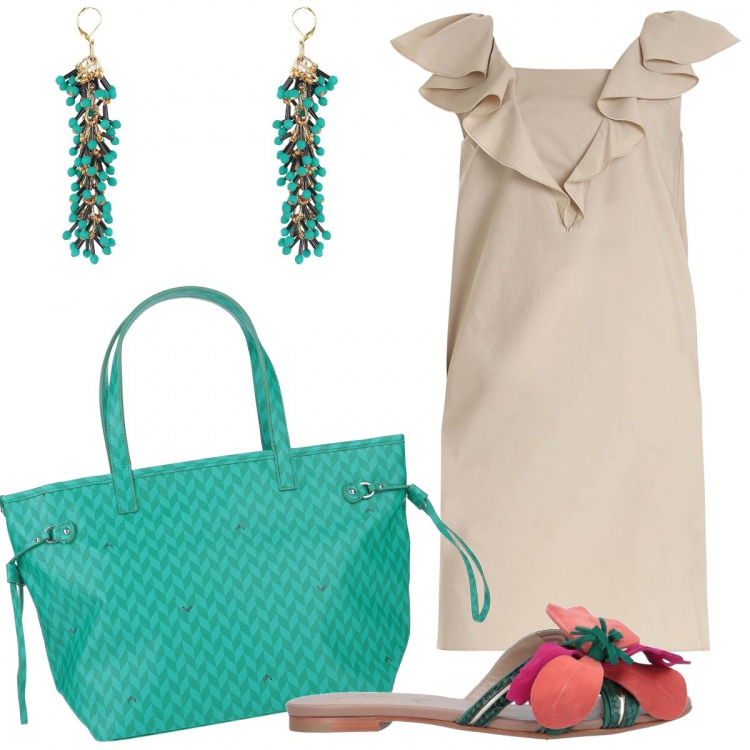 Outfit donna - Estate in città. Stile Trendy per Tutti i giorni. Abbinamento con sandali in pelle, borse a mano, orecchini, vestiti.