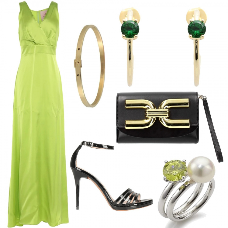 Outfit mujer - ¡Verde ácido!. Estilo Chic para Noche/Fiesta elegante. Combinación con anillos, pulsera, bolso de mano, vestidos largos, sandalias de tacón, pendientes.