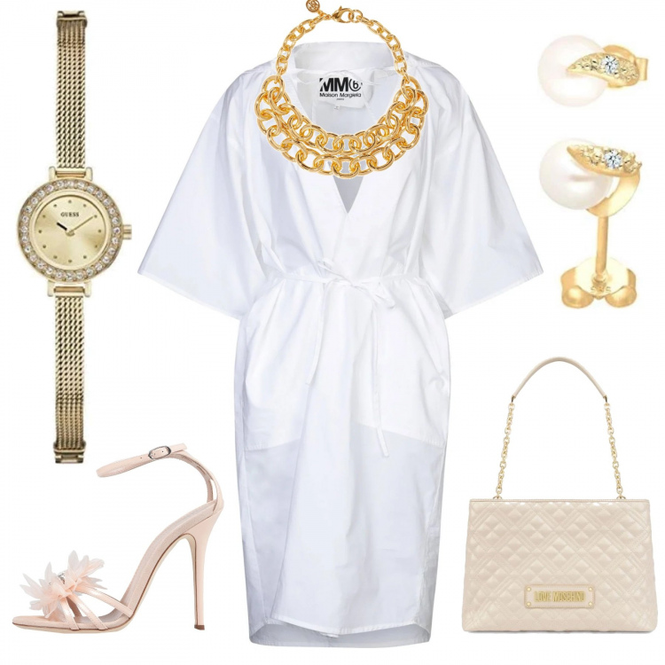 Outfit mujer - Vestido blanco + collar. Estilo Chic para Noche/Fiesta elegante. Combinación con pendientes, relojes analógicos, bolso, vestido longuette/midi, sandalias de tacón, collar.