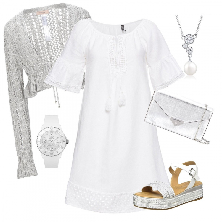 Outfit femme - Ma petite robe blanche. Style Chic pour Soirée dehors. Assortir avec robes mi-longues/au genou, sandales, gilets, pochette, montres analogiques, colliers.