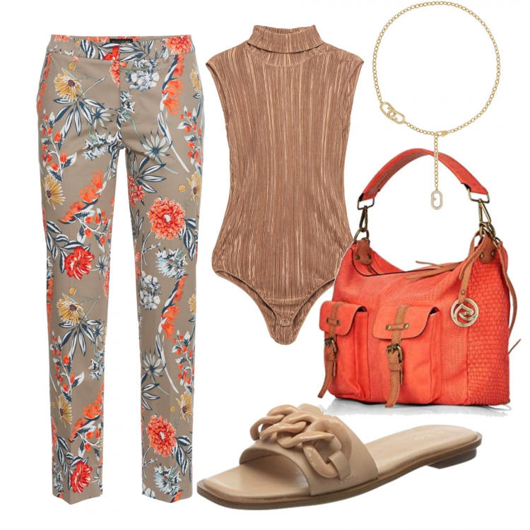 Outfit donna - Esco di corsa. Stile Basic per Tutti i giorni. Abbinamento con pantaloni, top, collane, borse a spalla, mocassini.