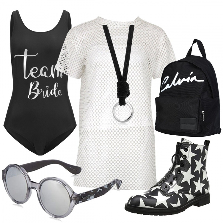 Outfit donna - Black, white & rock. Stile Rock per Mare. Abbinamento con costumi interi, zaino, vestito, stivaletti, ciondoli, occhiali da sole.
