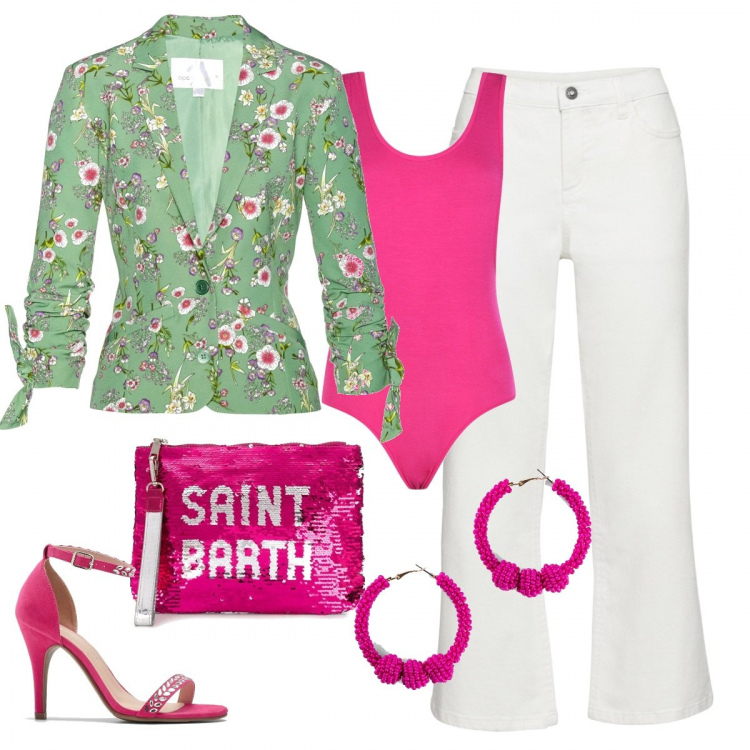 Outfit donna - Vivere a colori. Stile Chic per Serata fuori. Abbinamento con blazer, pantaloni a palazzo, sandali gioiello, orecchini, corpo, clutch.