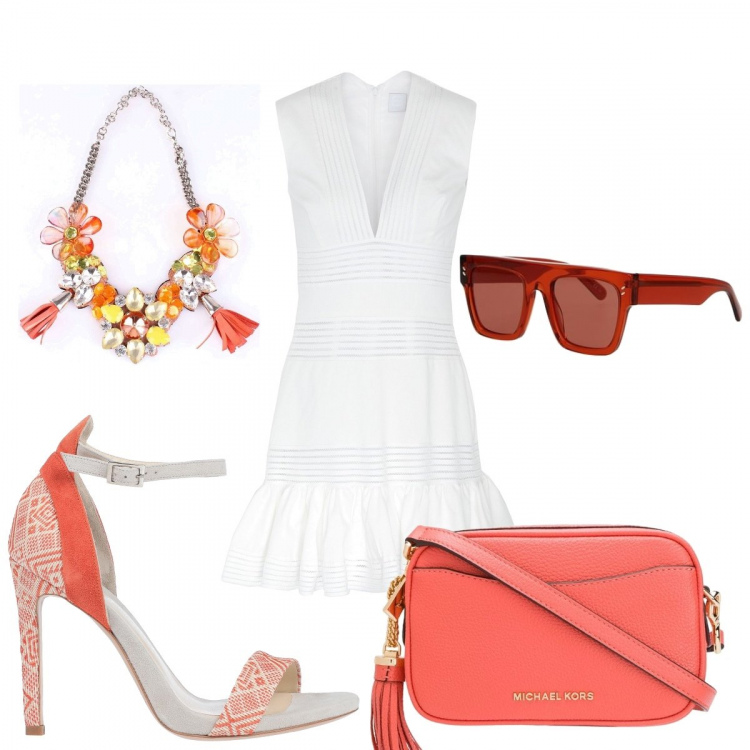 Outfit donna - Bon Ton #19151. Stile Bon Ton per Cerimonia. Abbinamento con vestiti corti, sandali col tacco, occhiali da sole, collane, borse a spalla.