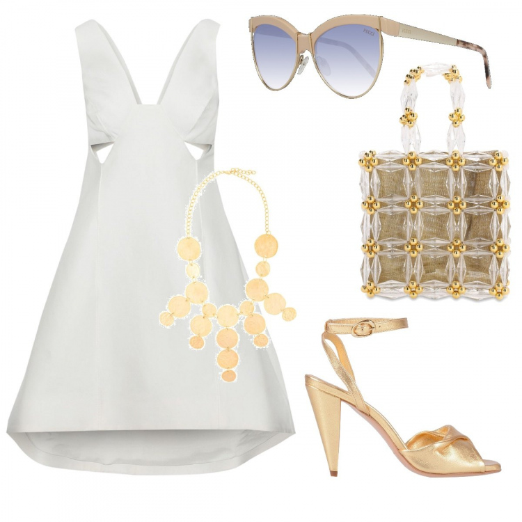 Outfit donna - Trendy #43324. Stile Trendy per Serata fuori. Abbinamento con vestiti corti, sandali col tacco, collana, borse a mano, occhiali da sole.