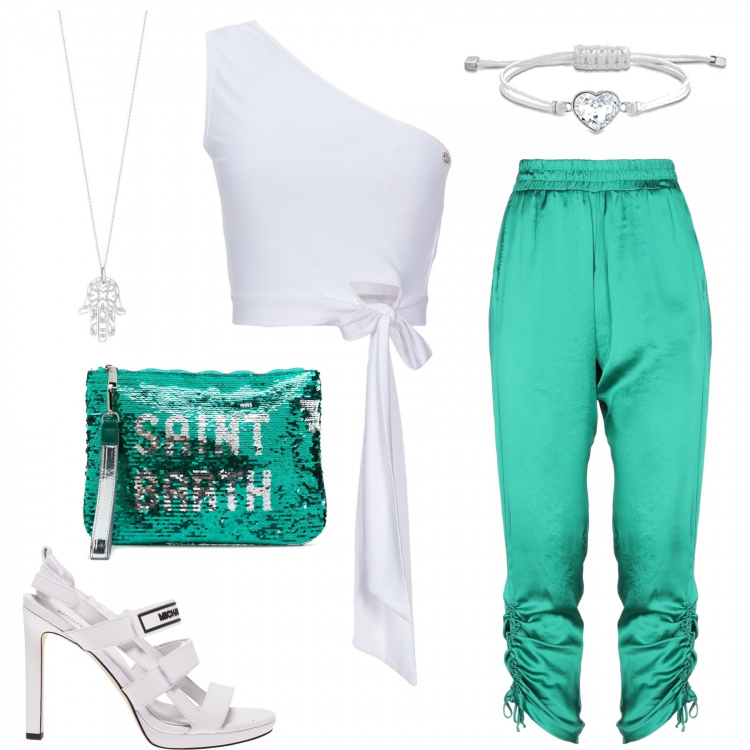 Outfit donna - Aperitivo. Stile Trendy per Serata fuori. Abbinamento con pantaloni, top, clutch, sandali col tacco, braccialetti, collane.