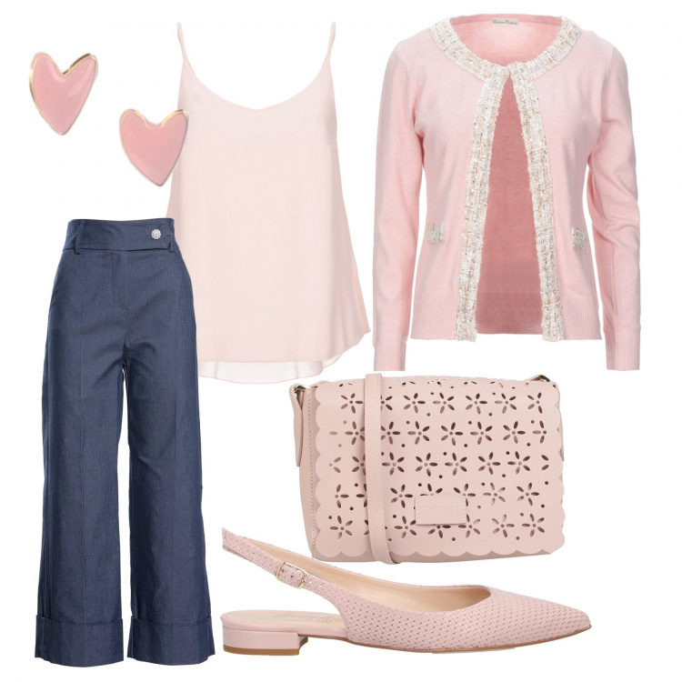 Outfit donna - Ballerine e pantaloni palazzo. Stile Bon Ton per Tutti i giorni. Abbinamento con borse a tracolla, cardigans, top, ballerine, orecchini, pantaloni capri.