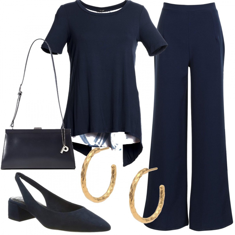 Outfit donna - Pantalone Palazzo con slingblack. Stile Basic per Tutti i giorni. Abbinamento con collane, pantaloni, t-shirt, sandali, borse a spalla.