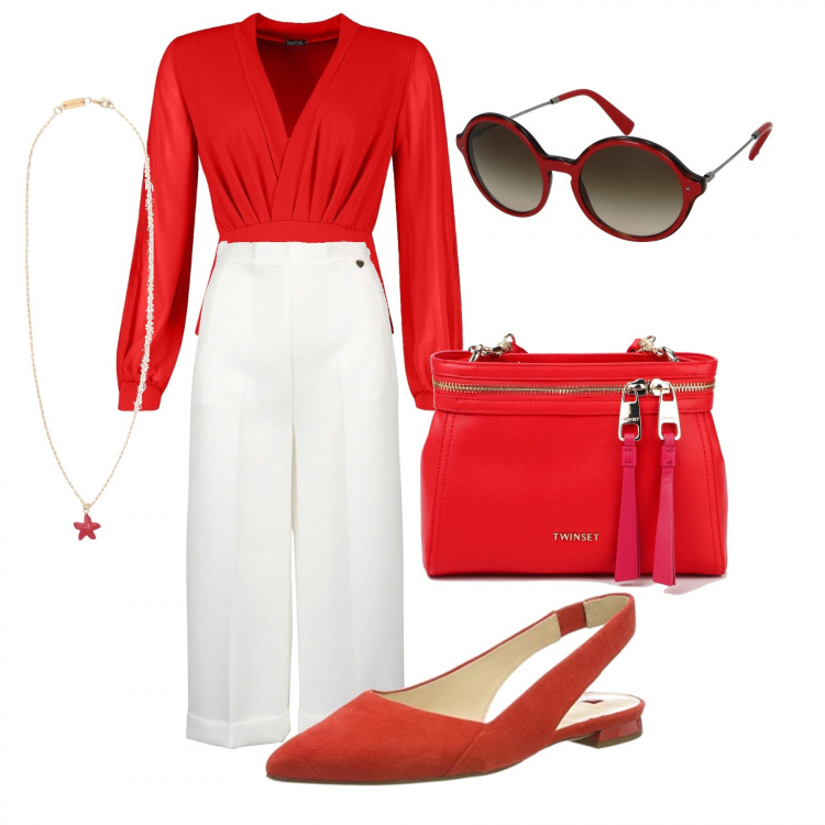 Outfit donna - Red. Stile Chic per Tutti i giorni. Abbinamento con collane, top, occhiali da sole, scarpe col tacco, pantaloni, borse tote.