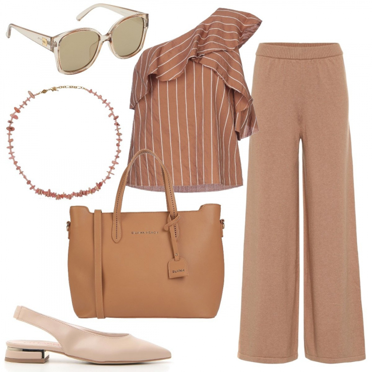 Outfit donna - Ballerine slingbacks in ufficio. Stile Chic per Ufficio. look ideale per Tall. Abbinamento con top, borse a mano, occhiali da sole, pantaloni, décolleté, collane.