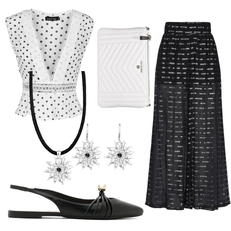 Outfit donna - Pantalone palazzo+ballerina slingblack. Stile Chic per Serata fuori. Abbinamento con pantaloni, top, ballerine, clutch.