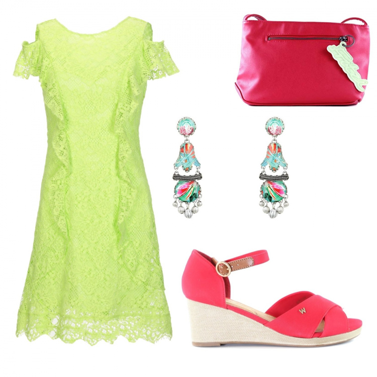 Outfit mujer - Verde acido y Fuxia. Estilo Sexy para Noche/Fiesta elegante. Combinación con bolsos de hombro, sandalias, vestidos midi/longuettes, pendientes.