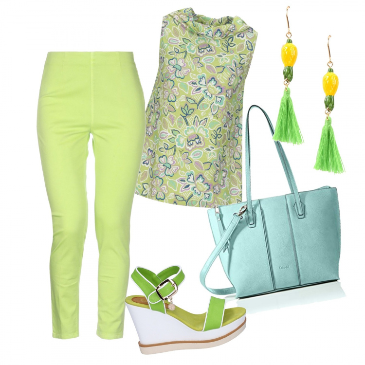 Outfit mujer - Dr comida con lima - limón. Estilo Trendy para Todos los días. Combinación con zapato, sandalias, camiseta, pantalones largos, pendientes.