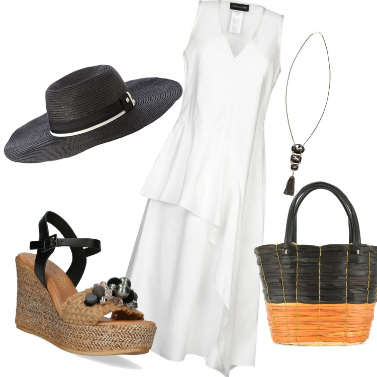 Outfit mujer - Trendy #43394. Estilo Trendy para Todos los días. Combinación con sombreros, sandalias, collares, vestido sin mangas, bolso shopper.