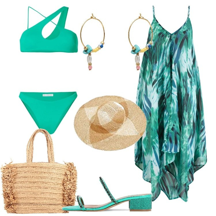 Outfit donna - Verde al mare. Stile Etnico per Mare. Abbinamento con vestiti da spiaggia, borse a spalla, orecchini, bikini, sandali in pelle, cappelli.