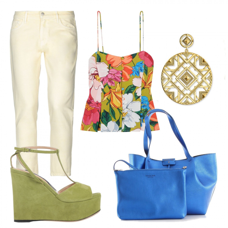 Outfit mujer - Top verde ácido. Estilo Chic para Todos los días. Combinación con pendientes, sandalias, top, vaqueros.