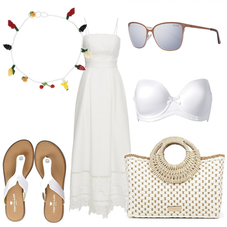 Outfit donna - Vestito bianco+collana. Stile Trendy per Tutti i giorni. Abbinamento con reggiseni, vestiti, collana, borse a mano, infradito, occhiali da sole.