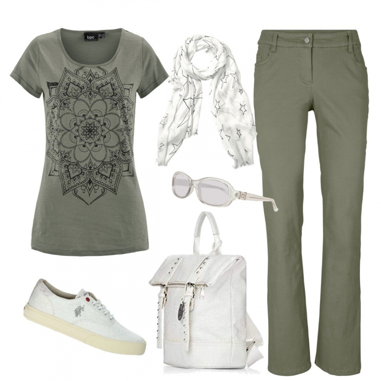 Outfit donna - Zainetto bianco. Stile Trendy per Tutti i giorni. Abbinamento con t-shirt, pantaloni, sneakers, borse a mano, occhiali da sole, foulard.