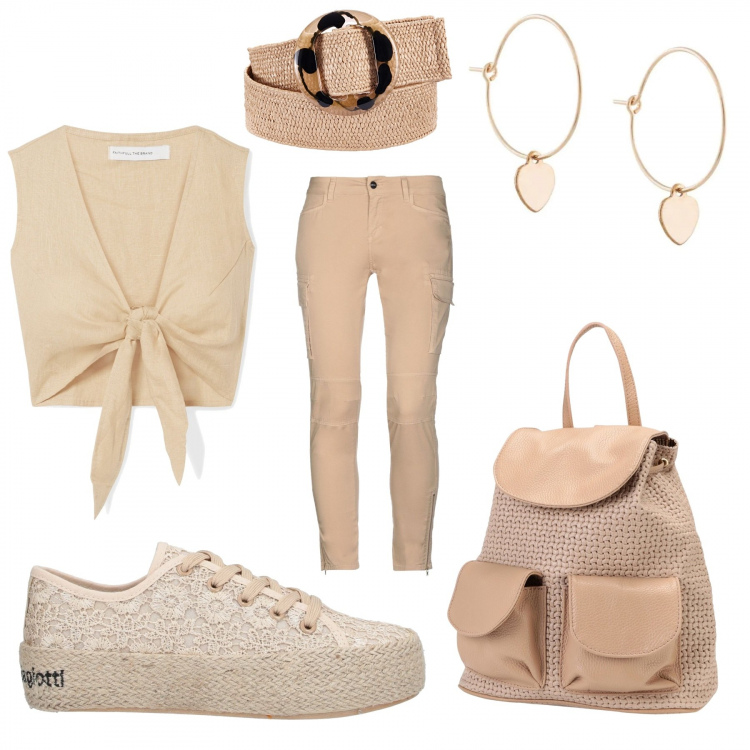 Outfit donna - Trendy #43474. Stile Trendy per Tutti i giorni. Abbinamento con cinture, sneakers, pantaloni cargo, zaini, top, orecchini.