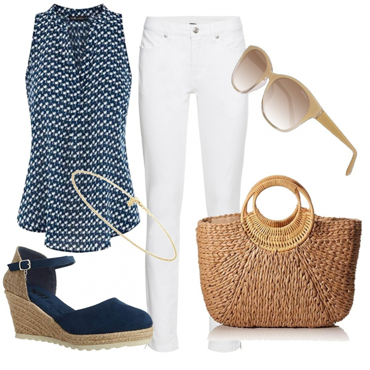 Outfit donna - Basic blue. Stile Trendy per Ufficio. Abbinamento con jeans skinny, top, sandali, borse a cartella, occhiali da sole, ciondoli.