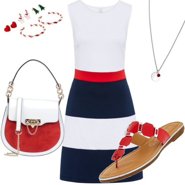 Outfit donna - Marines. Stile Bon Ton per Tutti i giorni. look ideale per Tall. Abbinamento con borse a mano, costumi interi, vestiti corti, sabot, collane.