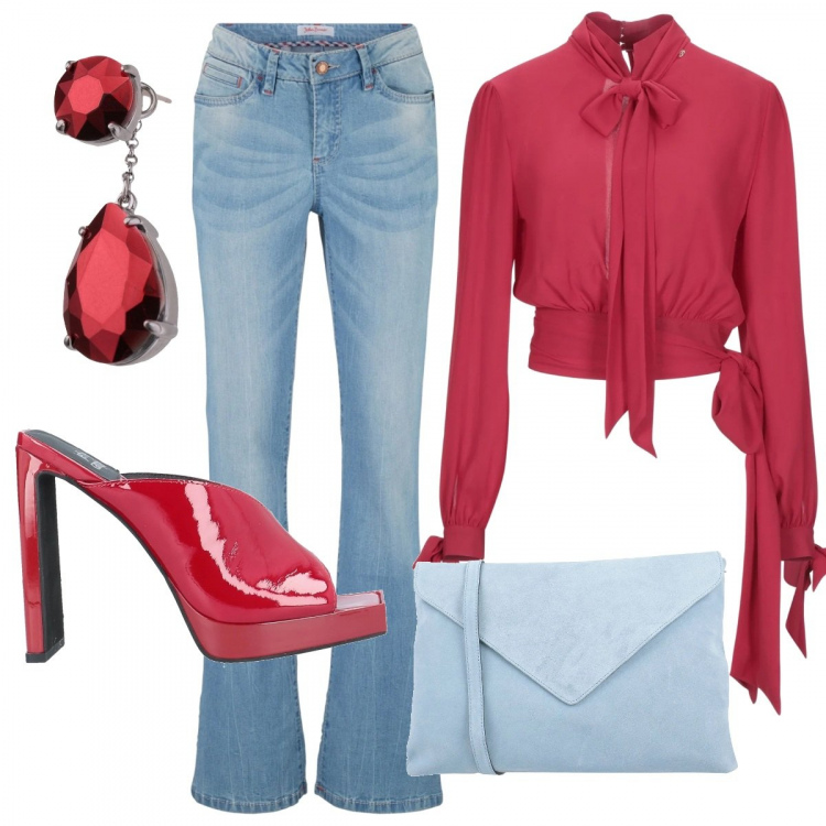 Outfit donna - Fai un nodo in vita. Stile Trendy per Serata fuori. Abbinamento con jeans bootcut, bluse, sandali col tacco, borse a tracolla, orecchini.