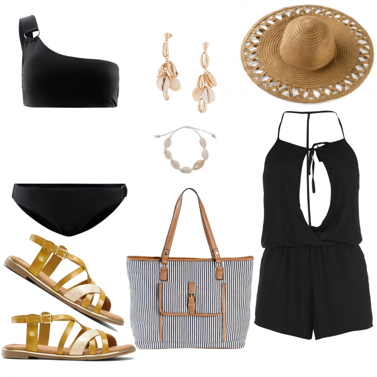 Outfit donna - Costume monospalla. Stile Basic per Mare. Abbinamento con bermuda, bikini, orecchini, shopping bag, cappelli, tuta corta.