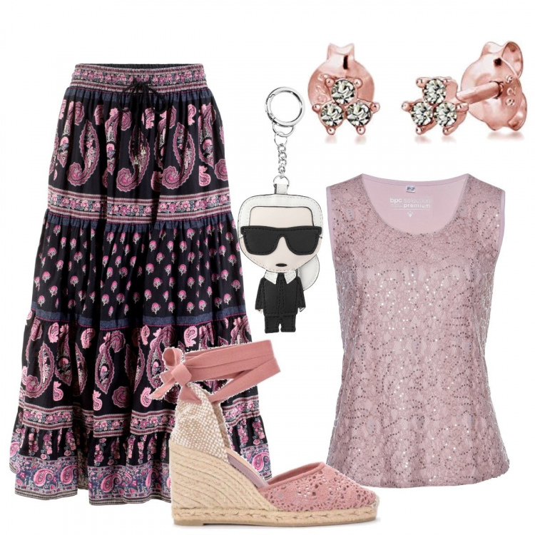 Outfit donna - Total look #622767. Abbinamento con gonne lunghe, top, portachiavi, sandali, orecchini.