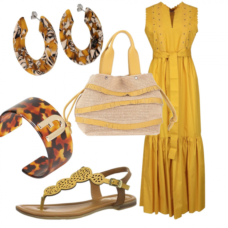 Outfit donna - Abito lungo. Stile Trendy per Tutti i giorni. Abbinamento con borse a mano, braccialetti, vestiti lunghi, infradito, orecchini.
