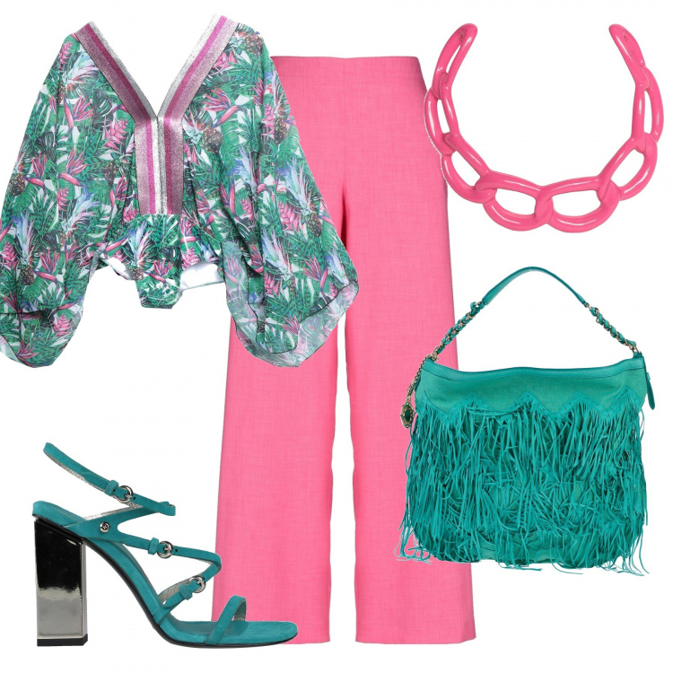 Outfit donna - Verde acceso e rosa. Stile Trendy per Tutti i giorni. Abbinamento con bluse, pantaloni, borse a mano, sandali col tacco, collane.