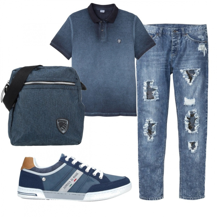 Outfit uomo - Casual #13817. Stile Casual per Tutti i giorni. Abbinamento con polo, jeans strappati, sneakers, accessori.