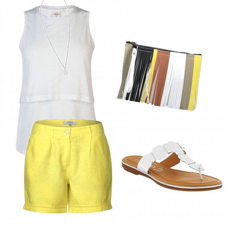 Outfit donna - Trendy #4. Stile Trendy per Tutti i giorni. Abbinamento con borse a mano, bermuda, top, sabot, ciondoli.