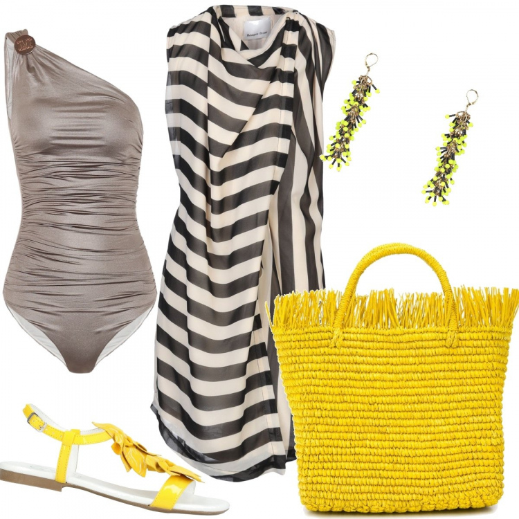 Outfit donna - A bordo piscina. Stile Chic per Mare. Abbinamento con vestiti midi/longuette, sandali, orecchini, borse a mano, costumi interi.