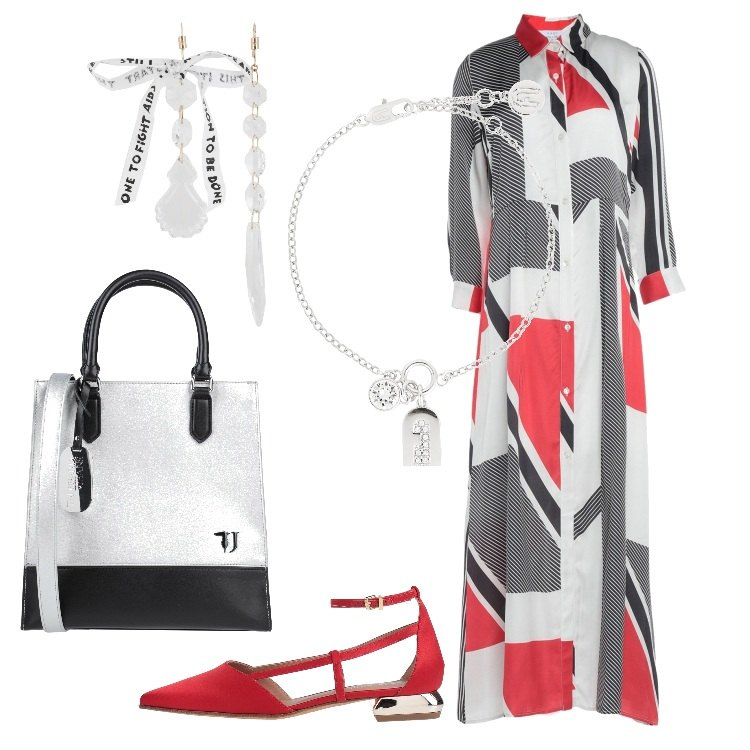 Outfit donna - Strabiliante trendy. Stile Trendy per Tutti i giorni. Abbinamento con vestiti lunghi, borsa a mano, ballerine, orecchini, braccialetti.